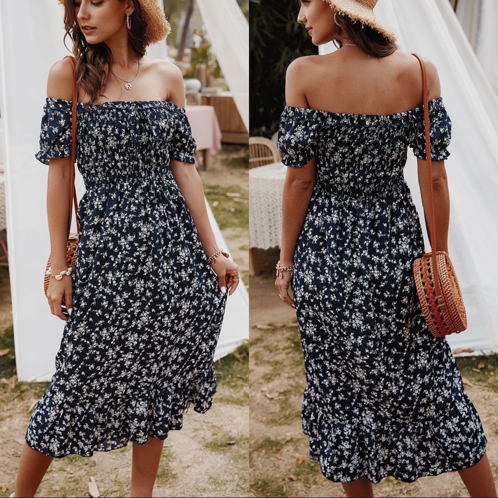 🆕Boho Floral Off The Shoulder Midi Dress DarkNavy